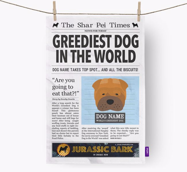 The {breedShortName} Times 'Greediest Dog In The World' Personalised Tea Towel
